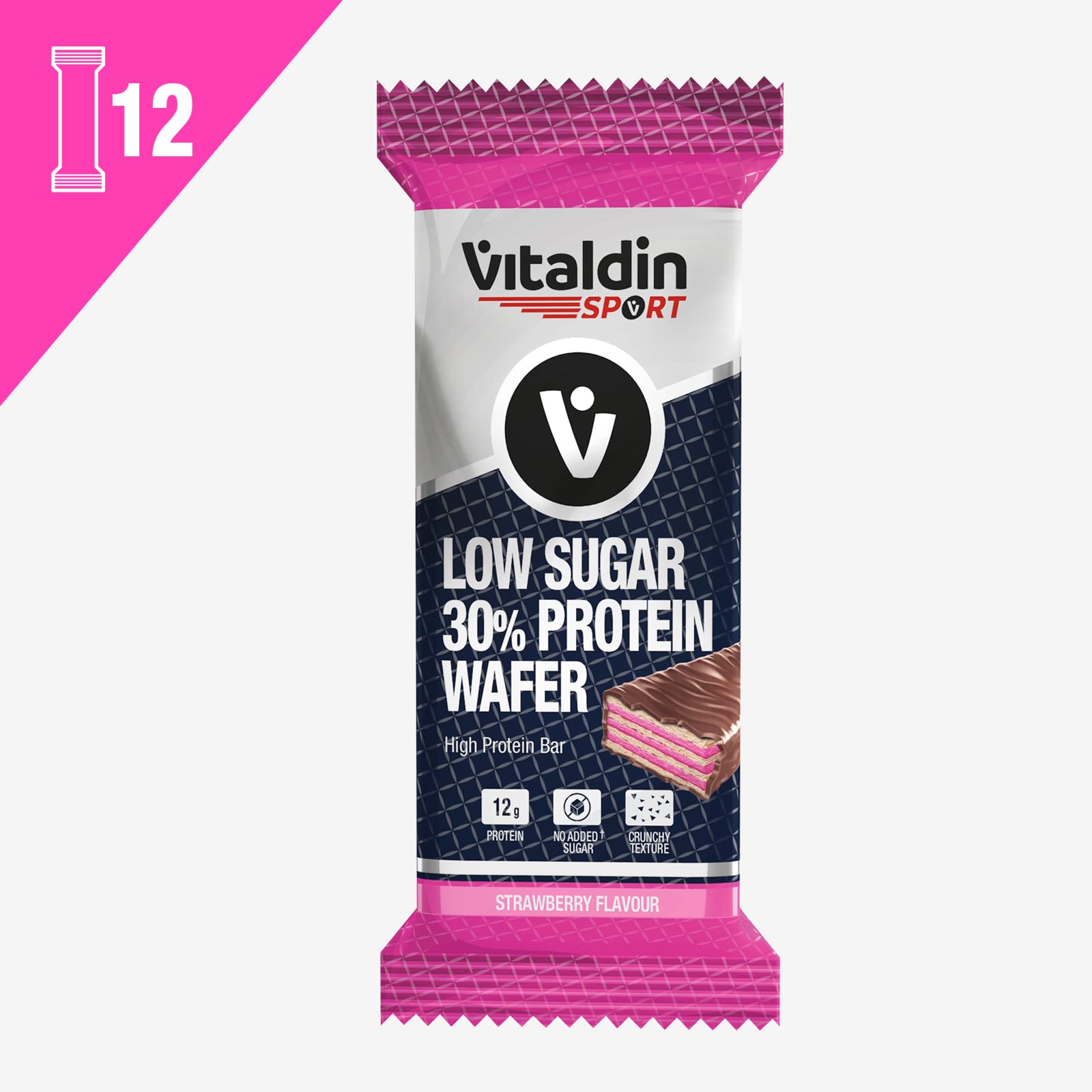 VITALDIN SPORT Low Sugar 30% Protein Wafer Fragola – 12 Barrette Proteiche x40 gr – Cioccolato Fondente – Lo Snack Perfetto Per I Tuoi Allenamenti - Merendine Ricche Di Proteine Vegane