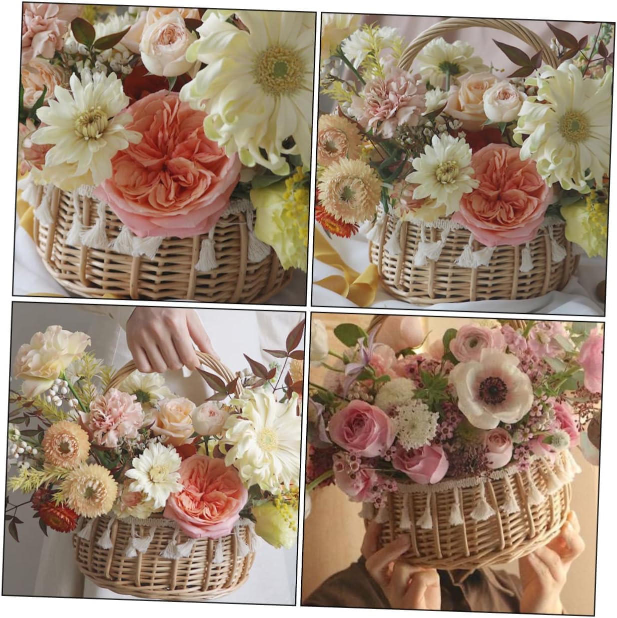 Rattan Woven Flower Girl Basket for Wedding,Handwoven Small Rustic Flower Girls Basket with Handle and Artificial Lace Flowers,Wicker Storage Baskets for Home Wedding Birthday Decor