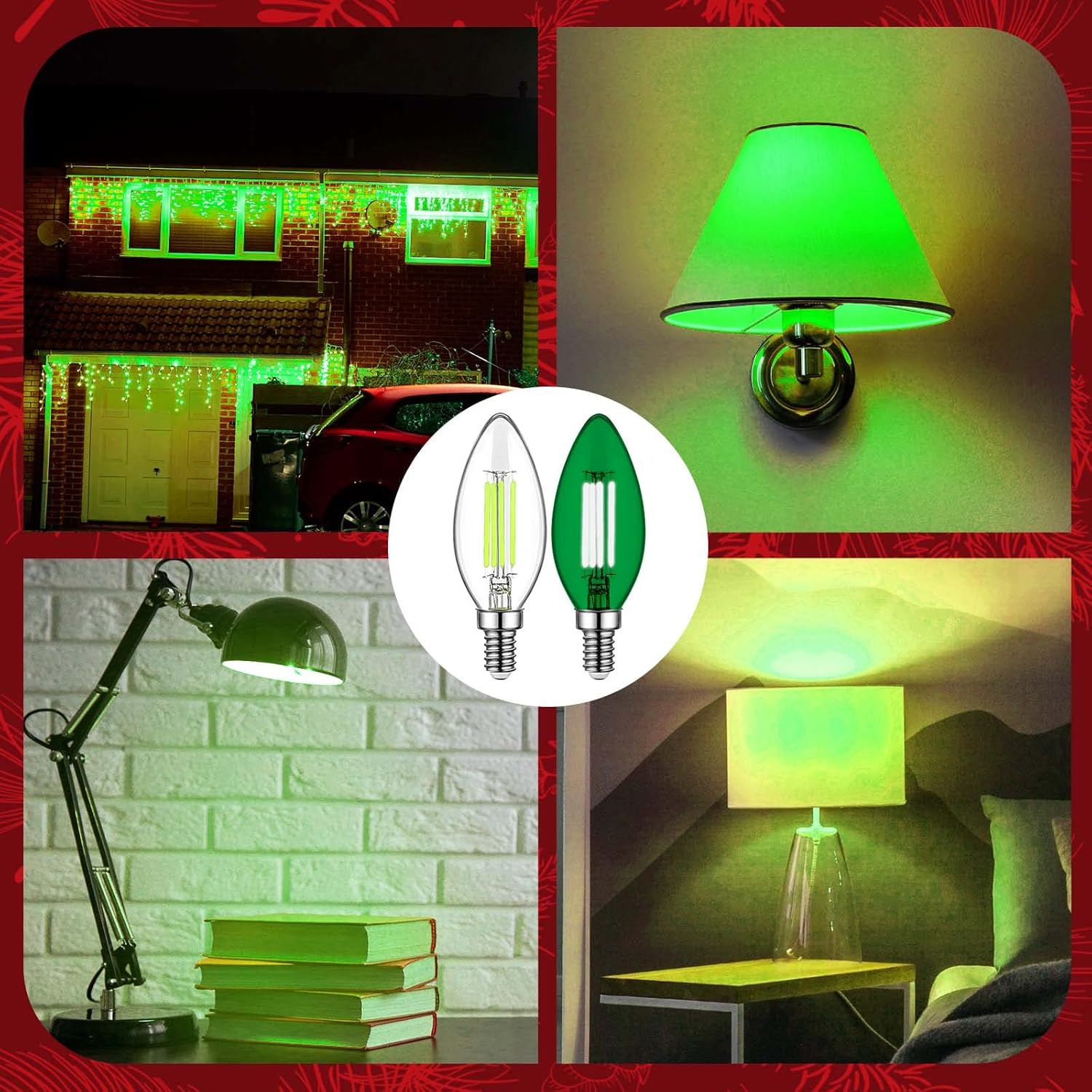 12 Pack Filament E12 Candelabra LED Christmas Light Bulbs 4W 40 Watt Equivalent E12 Candelabra Base Chandelier Bulbs Vintage Halloween Light Bulbs for Party Decoration, Porch, Christmas (Red, Green)