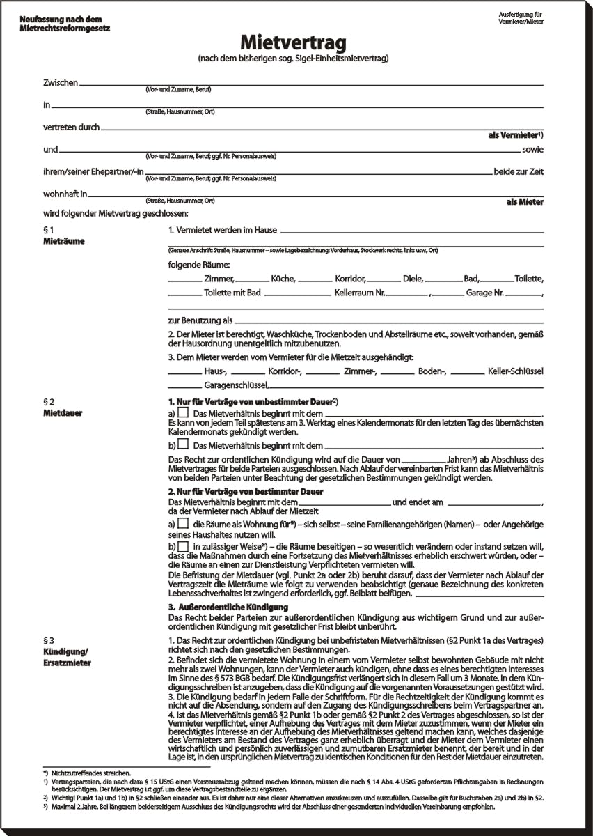 Sigel 25 x Mietvertrag A4 hoch 90g/qm ehemals Einheitsmietvertrag 6seitig