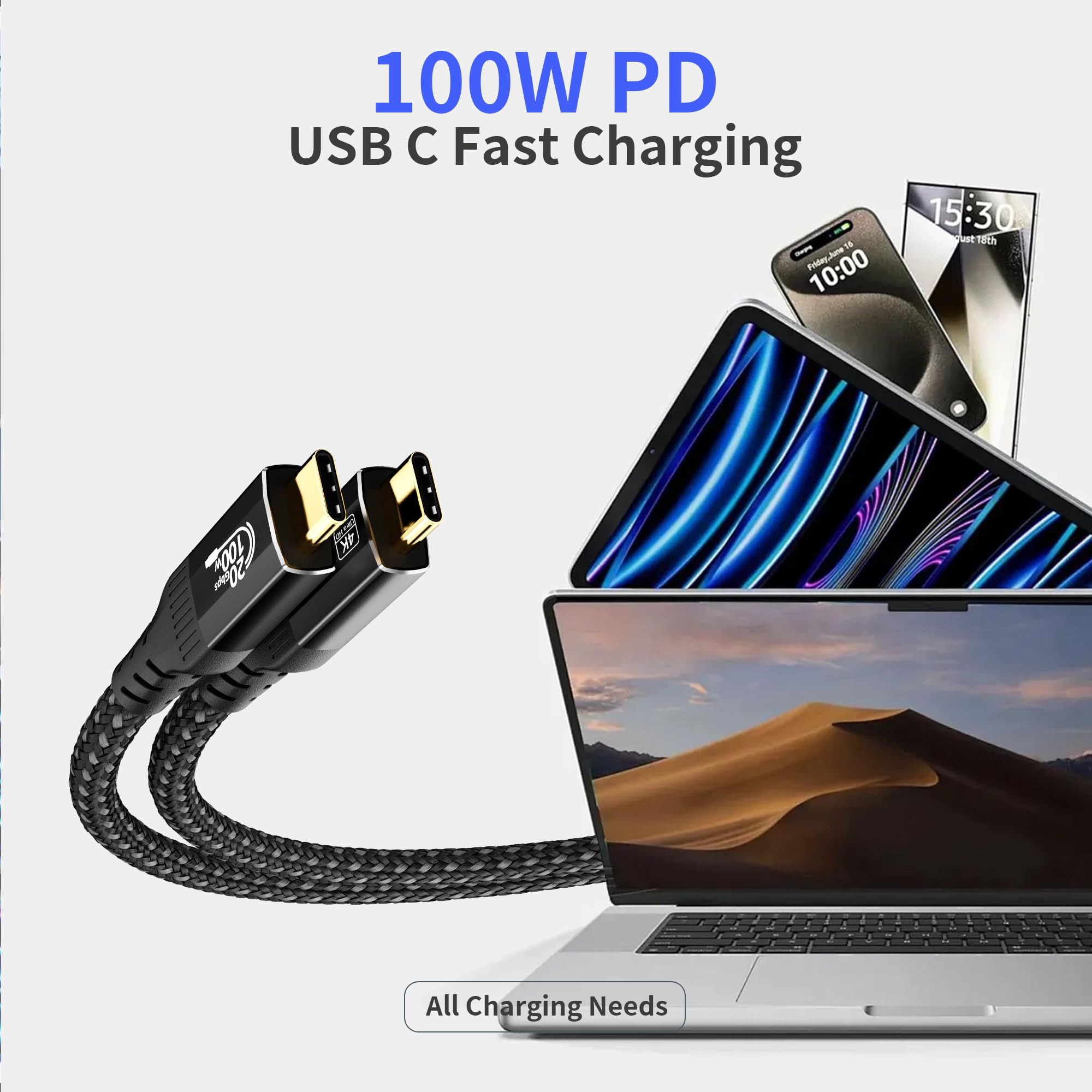 Cavi USB C da 3 m, lunghezza 3 m, compatibili con Thunderbolt 4/3, USB 3.2 Gen 2 20 Gbps ad alta velocità, ricarica rapida da 100 W e cavo video USB C 4K a 120 Hz per monitor, cavo di