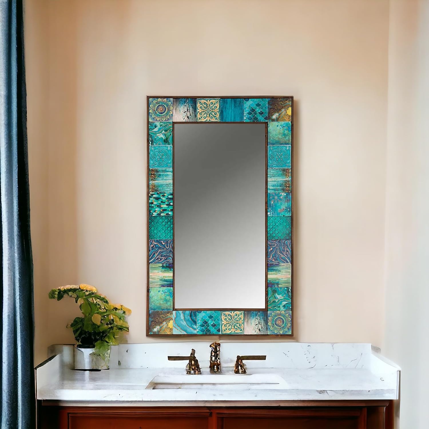 Full Length Mirror with Handmade Mosaic Tile Frame, Standing Body Mirror, Wall Hanging Decor for Living Room, Bedroom and Entryway, Boho Style, Vertical or Horizontal 24.4" x 24.4"