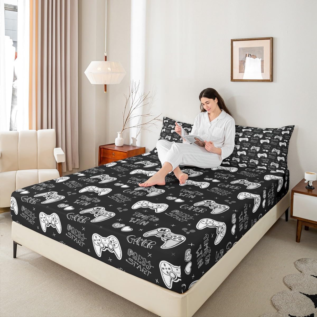 Erosebridal Gamer Fitted Sheet Full Size,Gaming Bedding Sets for Kids Boys Girls Teens,Video Games Fitted Bed Sheets,Sketch Gamepad Controller Buttons 3 Piece Bedding Decor Set Black White image 5