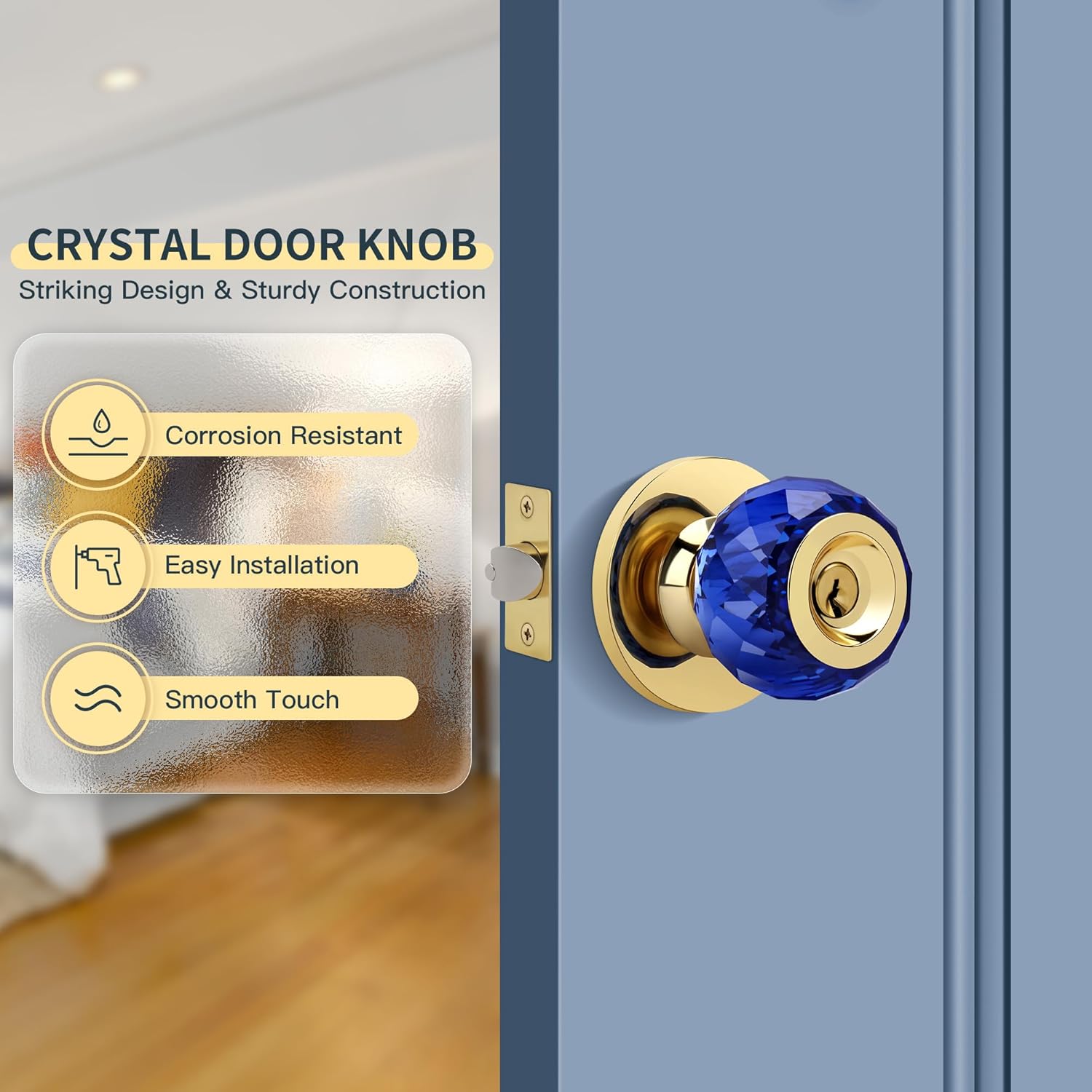 Crystal Door Knob with Privacy Lock, Blue Glass Interior Door Knob with Keys and Lock, Round Design Crystal Doorknob for Bathroom Bedroom, Gold