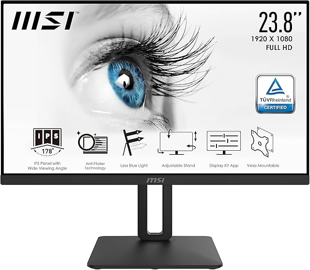 MSI PRO MP242P 23.8'' Monitor, Adjustable, FHD (1920 x 1080), 75Hz, IPS, 5ms, HDMI, VGA, Built-in Speakers, Anti-Glare, Anti-Flicker, Less Blue light, TÜV Certified, VESA, Kensington
