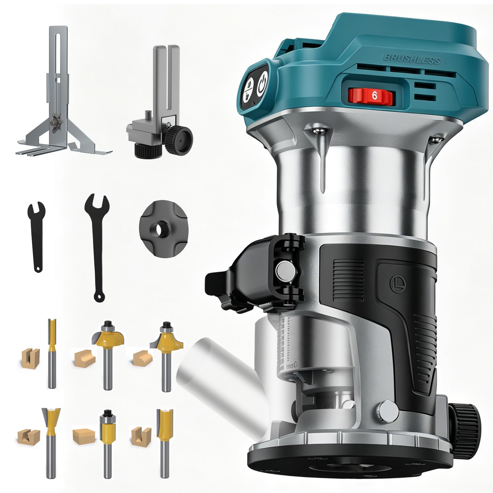 Yofuly Akku Oberfräse Kompatibel mit Makita 18V Akku, 800W Bürstenloser Akku-Kantenfräse Einhandfräse Set, 6 Geschwindigkeit 28000RPM, Aluminum Holzfräser für Holz (Ohne Batterien)