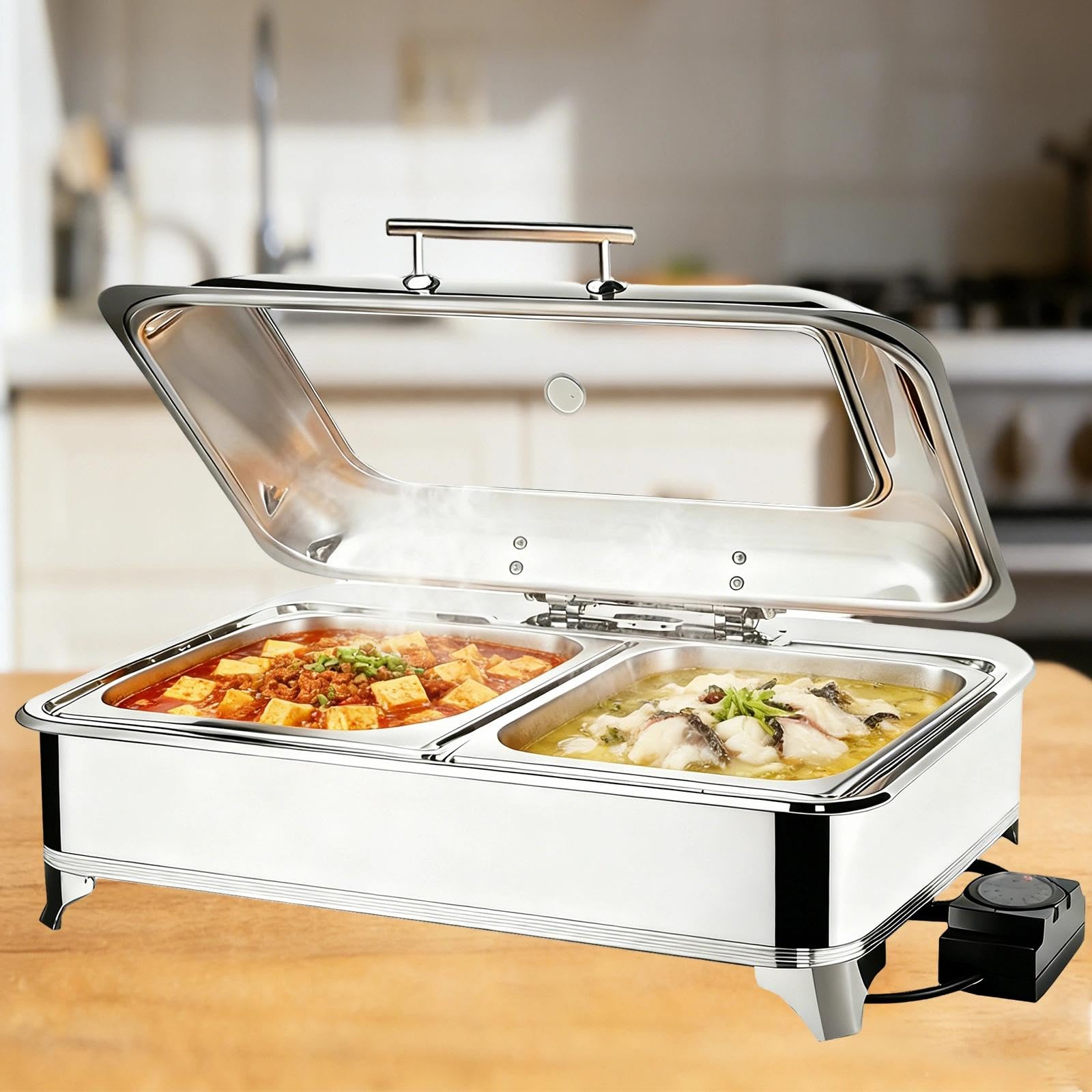 9L Chafing Dish Elettrico, Professionale Scaldavivande Elettrico in Acciaio Inossidabile, Chafing Dish Buffet Elettrico con Finestra Vetrata Transparente per Ristorante(1/2)