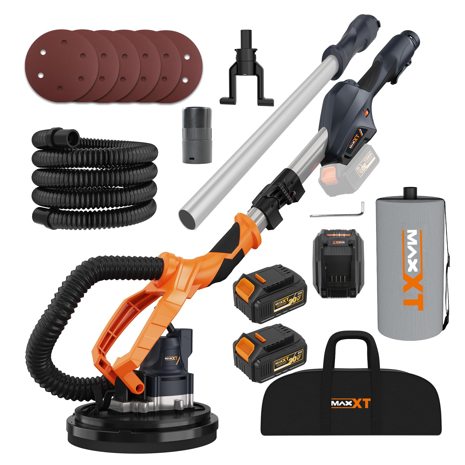 Lijadora de pared MAXXT 20V sin escobillas: Control de velocidad continuo (600-1200 RPM), Plegable (extensible 110-165 cm), Sistema de auto-aspiración,Disco de 225 mm, Para paredes y techos