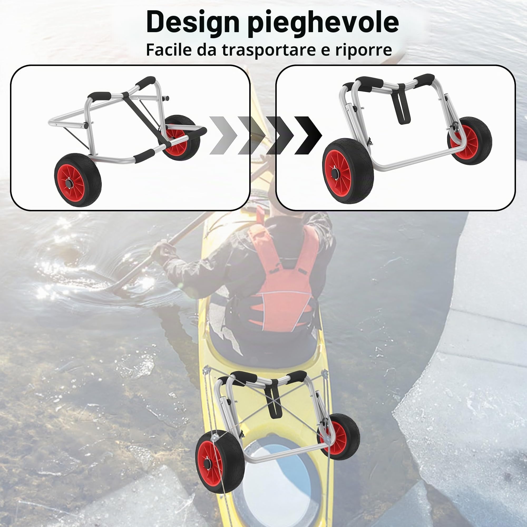 UISEBRT Kayak, carrello pieghevole per canoa, portata fino a 100 kg, con cinghie da 3 m, in alluminio, per canoa, kaya