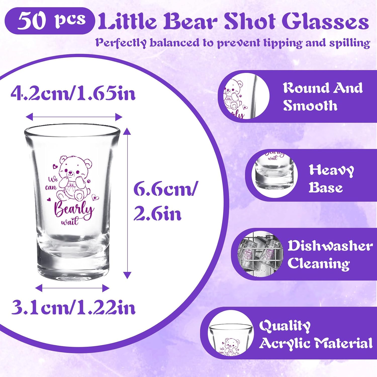 50 Sets Purple Baby Shower Favors for Guest, Boy Girl Theme Party Gift Includes Acrylic Clear Shot Glasses Thank You Cards Twine Organza Bags for Birthday Party Decorations
