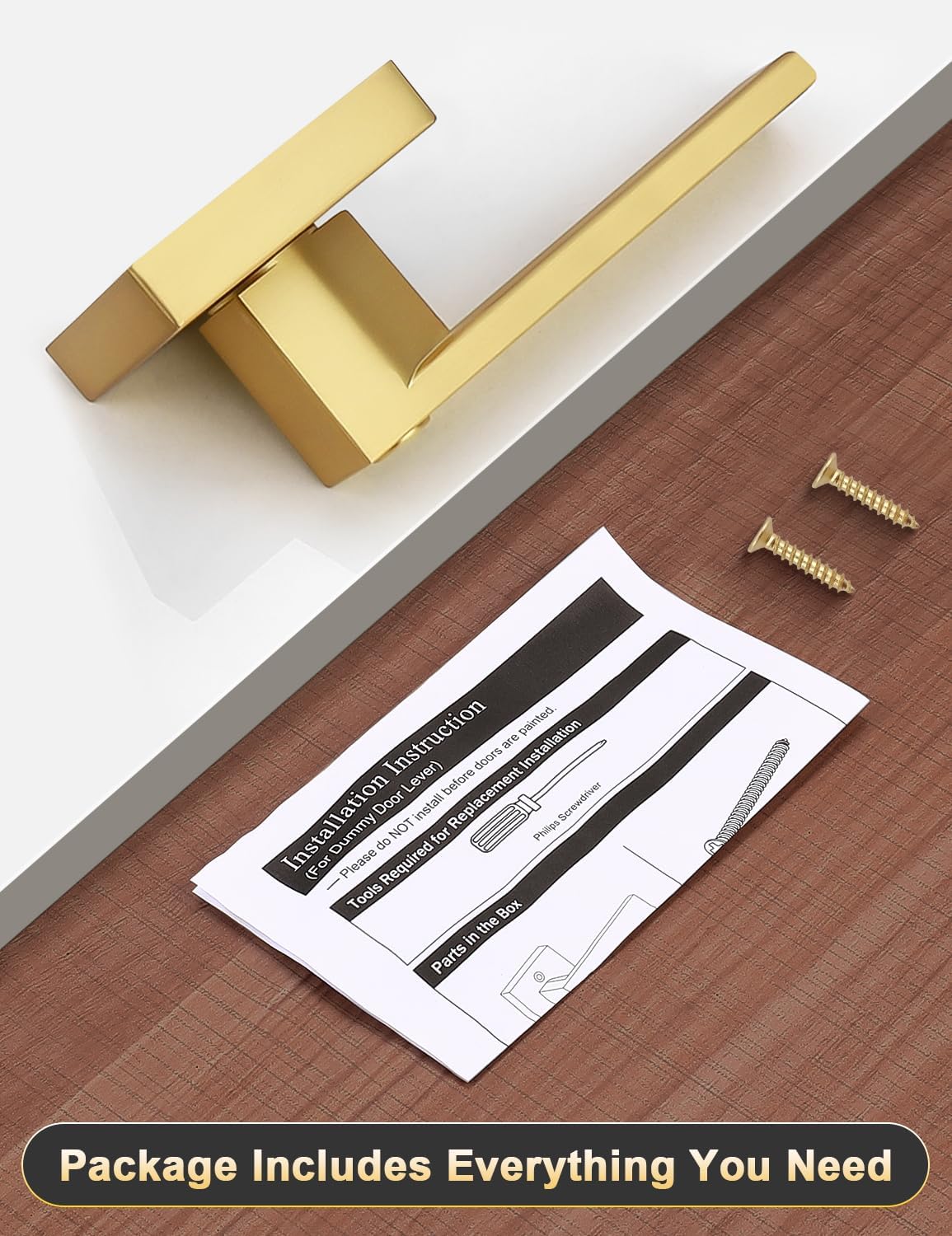 Tinewa 2 Pack Gold Dummy Lever Door Handles for Closets French Doors, Satin Brass Finish, Interior Dummy Door Locksets for Hall Closet Door Knobs Lock Reversible Right & Left Handed