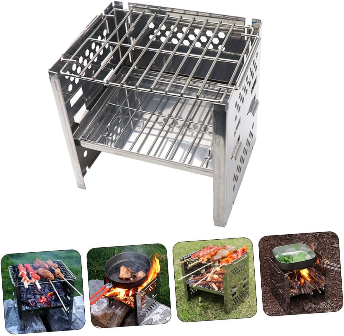 Stainless Steel Outdoor Barbecue Grill Portable Folding Camping Stove Adjustable Height Dual-layer Bbq Grill for Picnic Garden Cooking