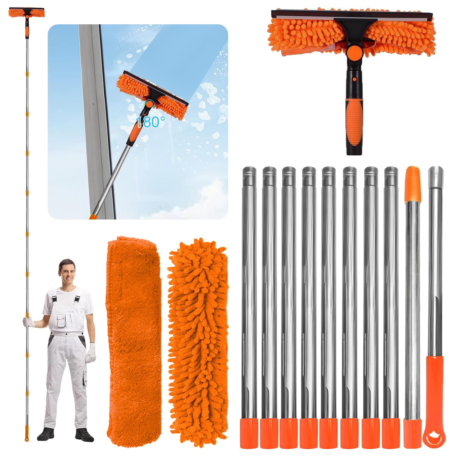 Exquilnova 4.5M Window Cleaning Equipment,Telescopic Window Cleaner with 2-in-1 Silicone Squeegee,Coral Velvet Pad for Home Windows,Bathroom Glass,Car Glass,Upstairs Windows,Solar Panels(Organge)