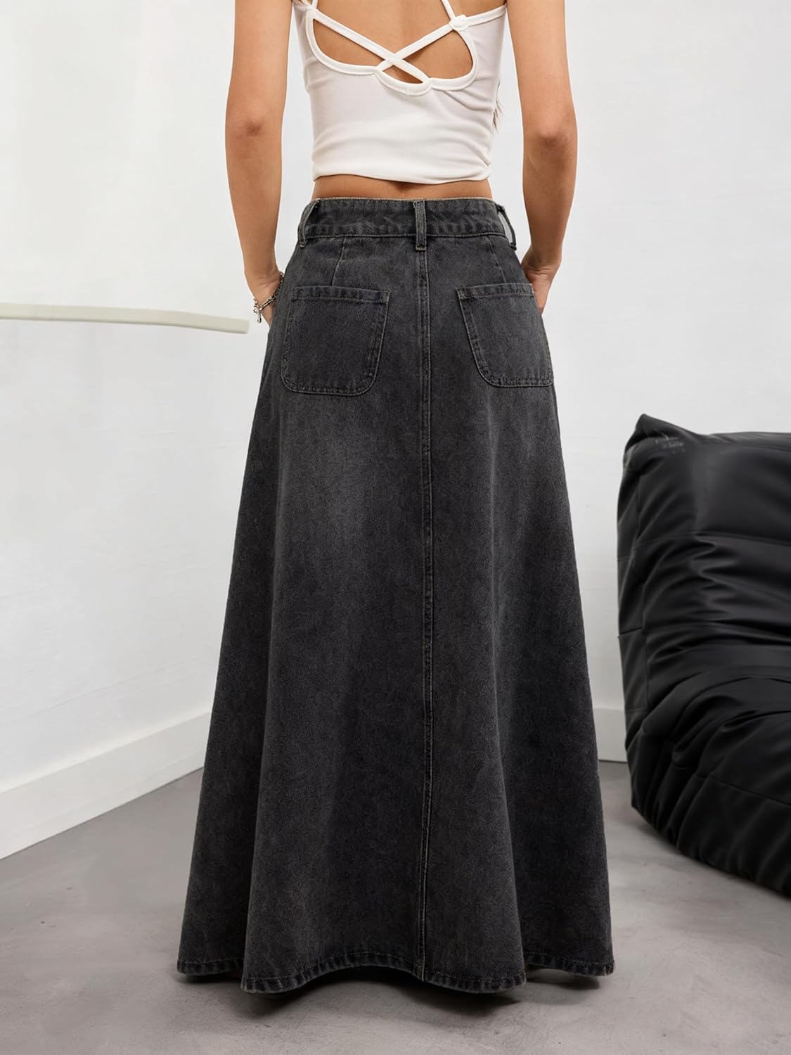 utcoco Women's High Waisted Denim Maxi Skirt Flowy A-Line Cargo Jean Skirt with Pocket