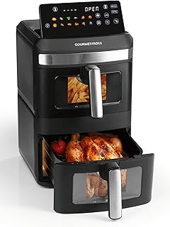 GOURMETmaxx FryUp XL Friteuse à air chaud verticale à double chambre avec fenêtre de visualisation - 12 L | Avec écran tactile LED multicolore et 12 programmes | 2 chambres avec chaleur supérieure
