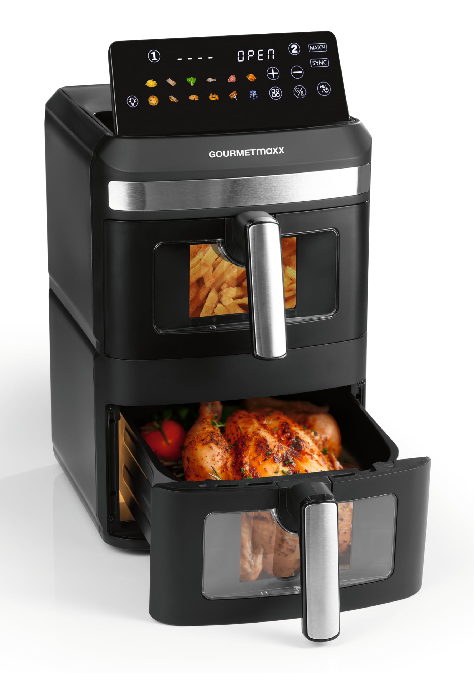 GOURMETmaxx FryUp XL Freidora de aire caliente vertical de doble cámara con ventana de visualización - 12 L | Con pantalla táctil LED multicolor y 12 programas | 2 cámaras con calor superior