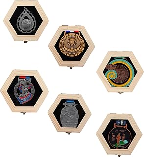 BiJun Wooden Hexagon Medal Hanger Display Case, Medal Holder Wall Mount Shadow Box for Medals Race Medal Display of Sports Medals Track & Field Military Spartan Races Running Marathons.