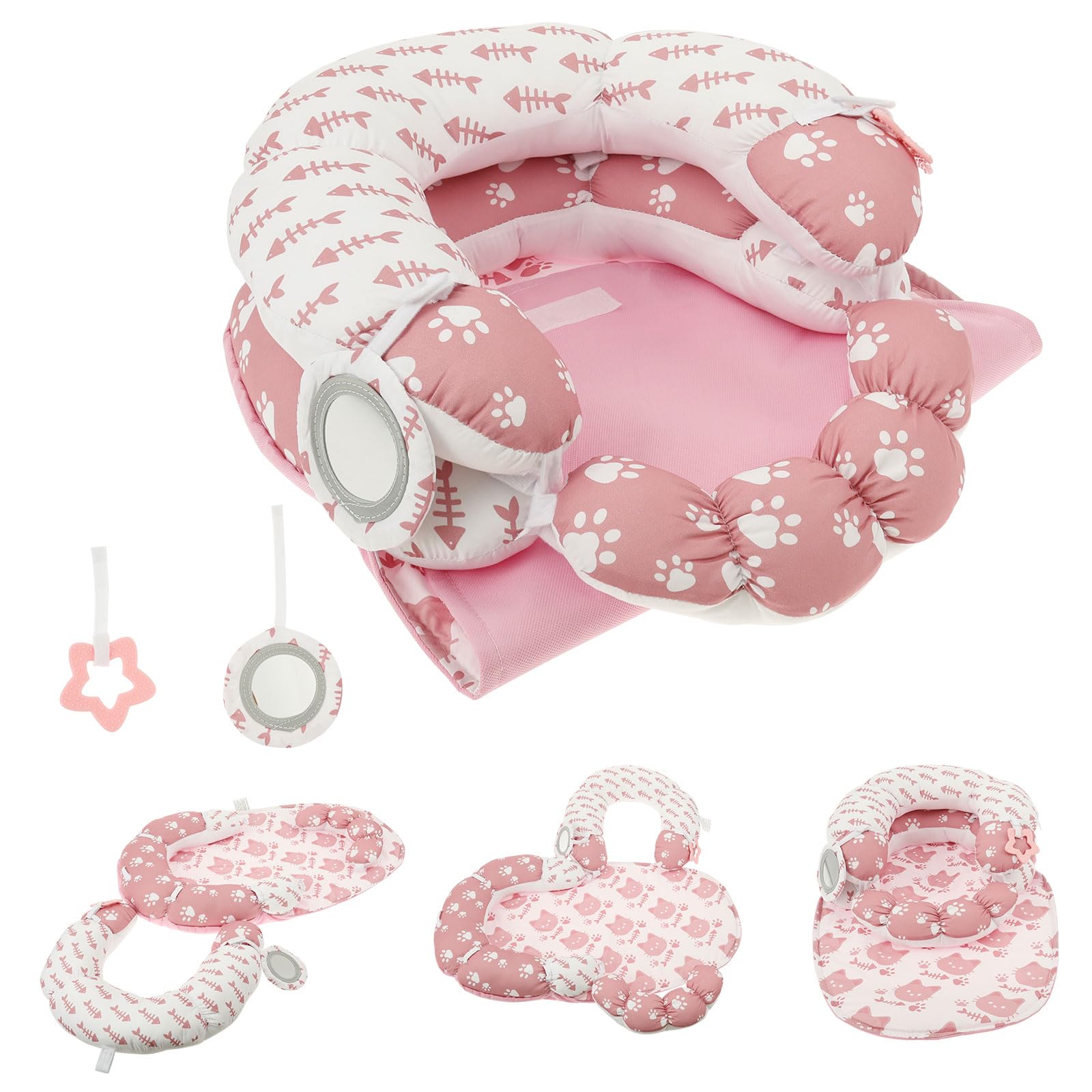3-in-1 Tummy Time Mat and Seated Pillow for Baby, Sit Me Up Floor Seat with Detachable Support Pillow to Prevent Reflux, Portable Baby Tummy Time Pillows for Newborn Boys and Girls(Pink kitten)