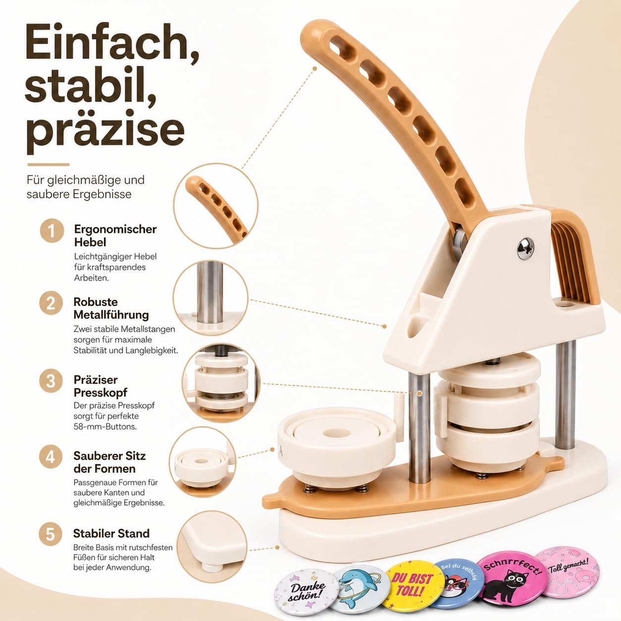 ButtonManufaktur Buttonmaschine 58 mm Set inkl. Material für 100 Buttons & Kreisschneider – Button Maker, Badge Maker und Buttonpresse für Anstecker, Pins, Vereine, Events & Workshops