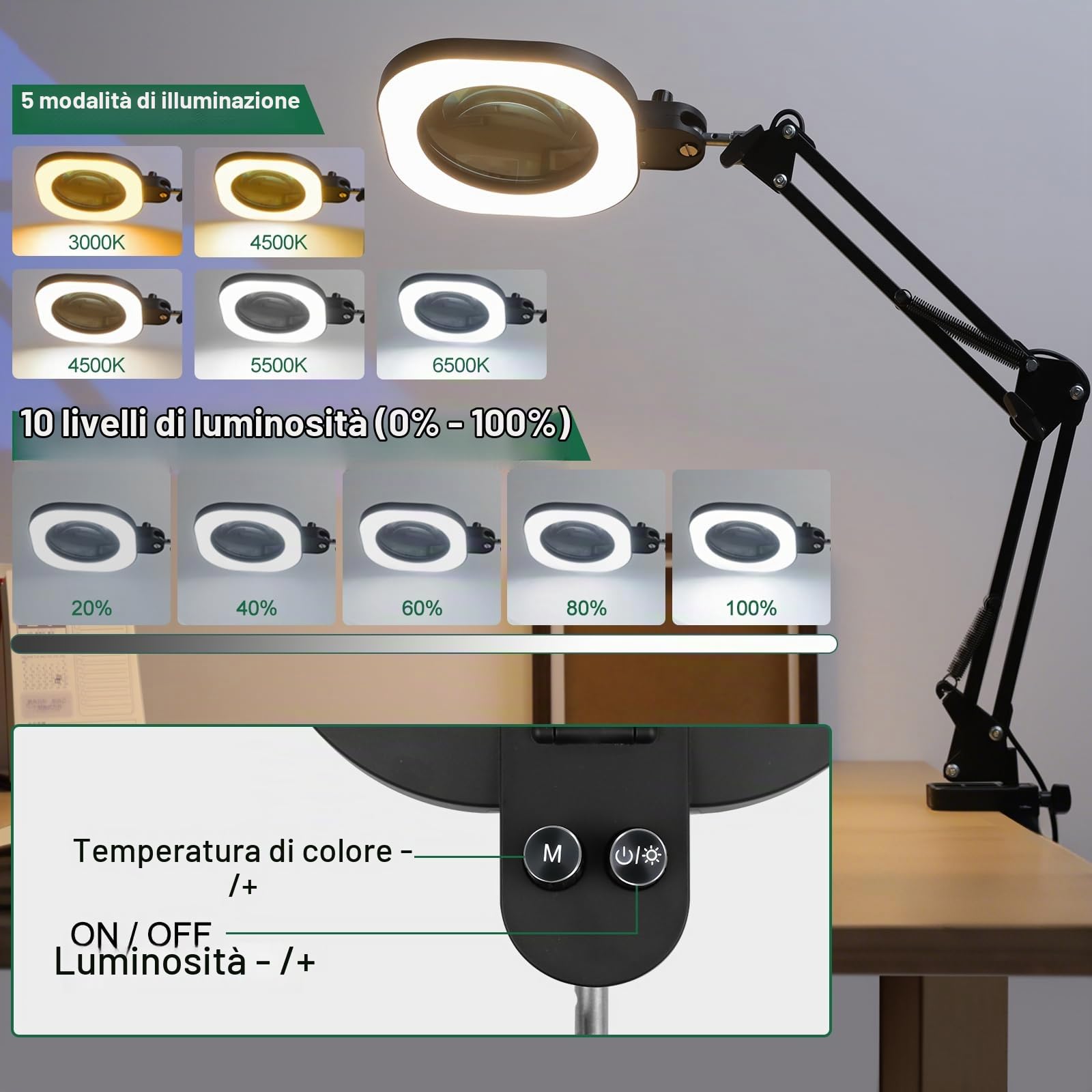 CGBE 10X Lampada Ingrandimento con Luce per Lavori di Precisione | 2 in 1 Base e Morsetto, Lente di Ingrandimento con Luce con Braccio Orientabile, Luminosità e Altezza Regolabili