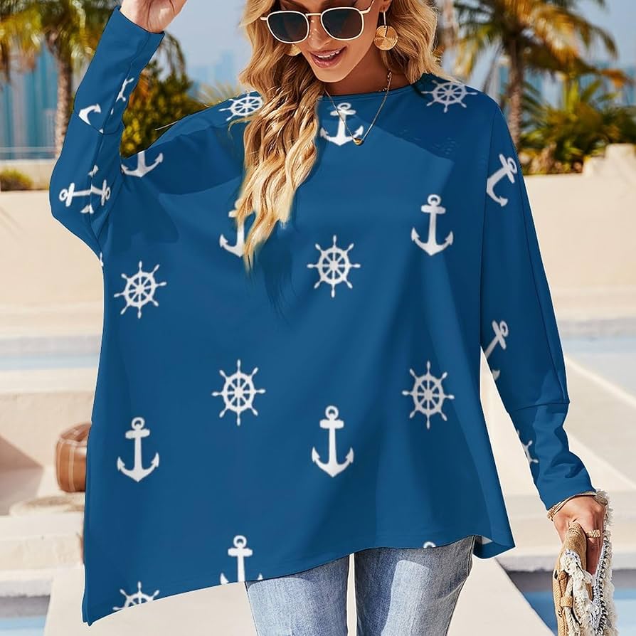 Amazon.co.jp: 長袖 Tシャツ レディース かわいい 錨 舵輪 船柄 ロング