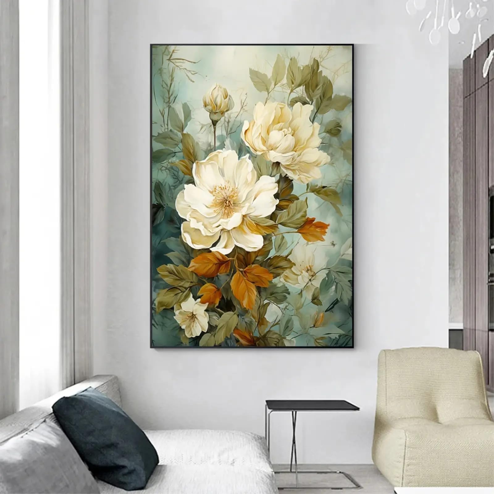 Toile vintage fleurs blanches impression murale botanique 30x45cm