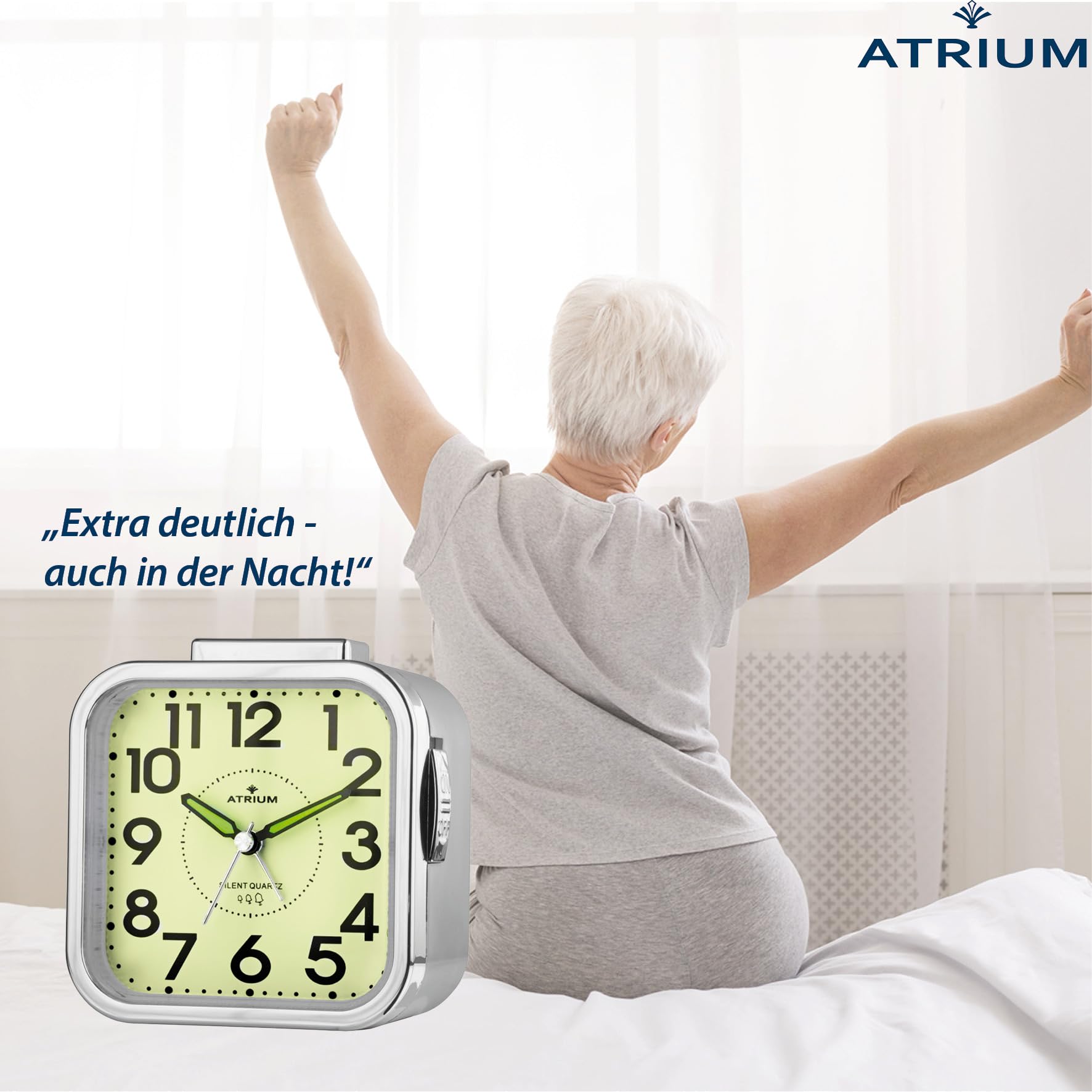 Atrium Budzik dla seniorów, bardzo wyraźny, ze świecącą tarczą, analogowy, kwarcowy, bez tykania, duże cyfry, bardzo głośny sygnał dzwonka, kolor srebrny A530-18