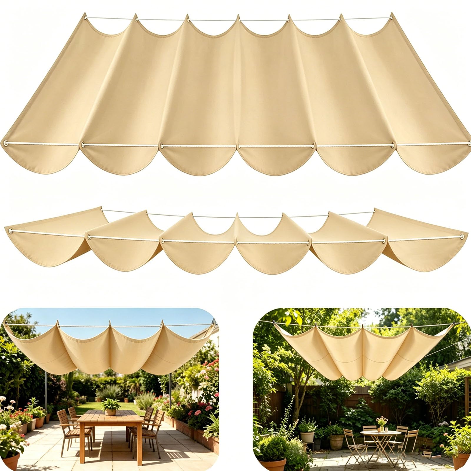 Retractable Sun Sail Shade Canopy for Outdoor Use, Custom Pergola Waterproof Shade Cover,Wave Design, Thickened Fabric, With Rope Patio for Garden Patio Balcony Pool-Beige||150x900cm