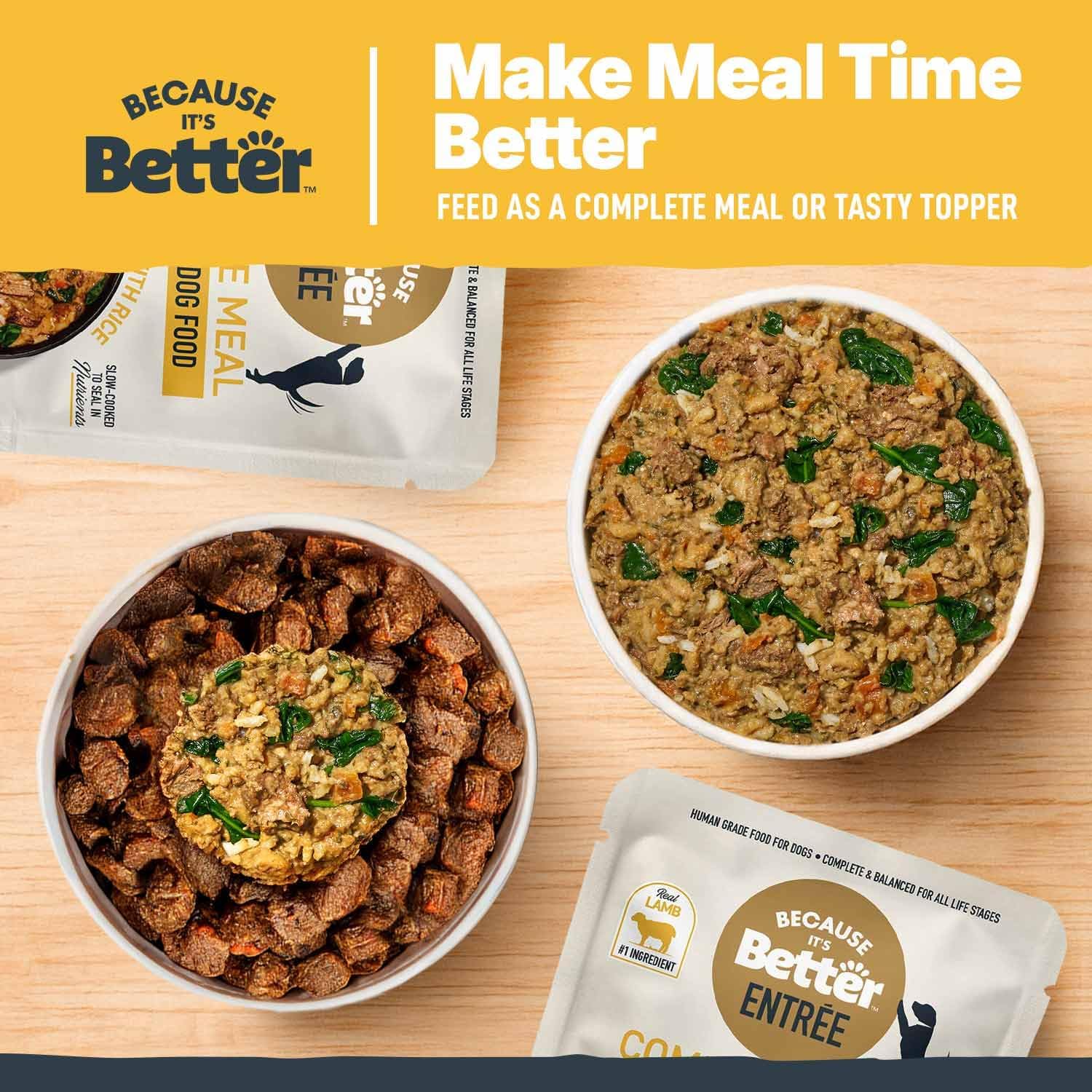 Because it's Better Entrée Complete Meal, Lamb Stew with Rice, Human Grade Wet Dog Food, 10 oz Pouches, 6 Count (Pack of 2)