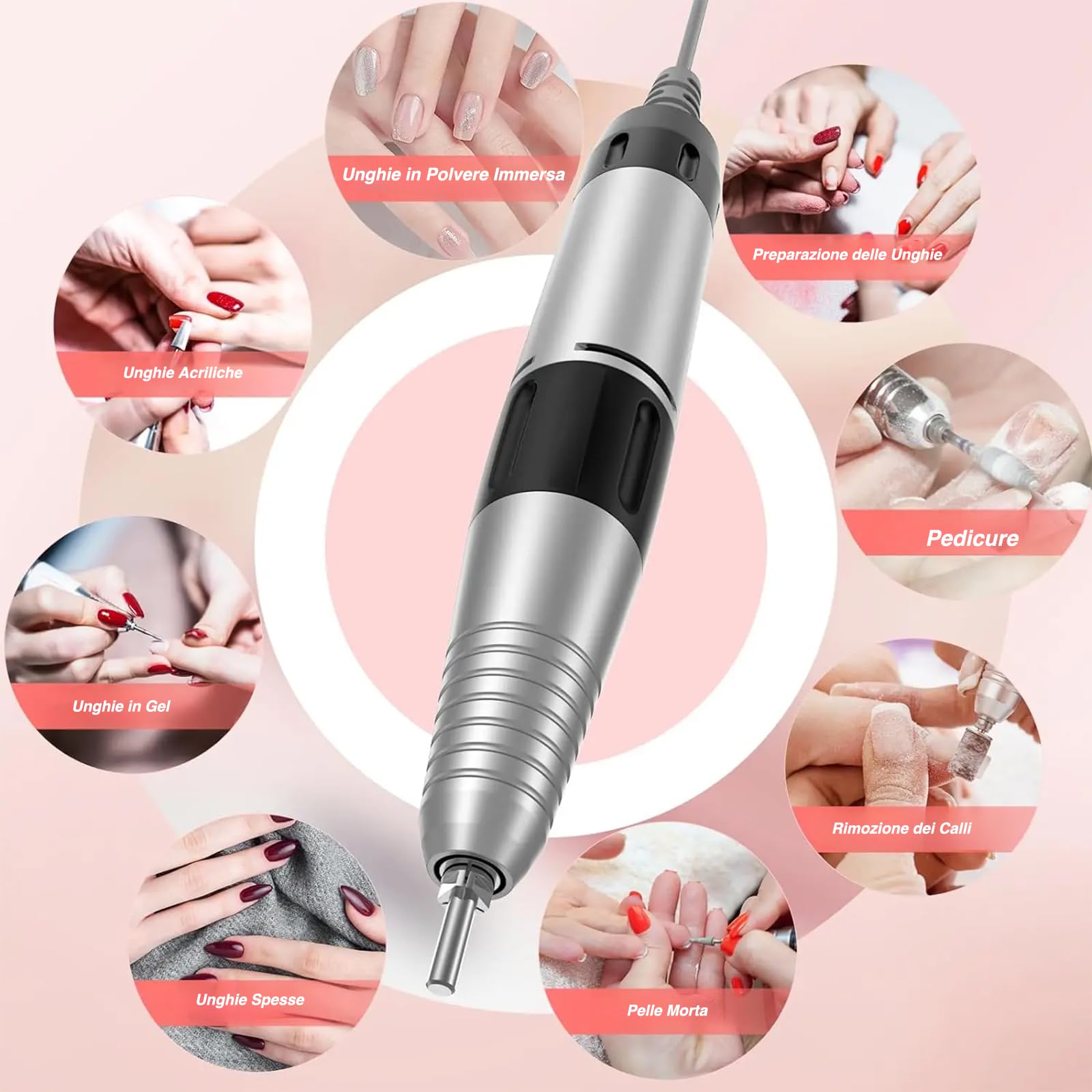 VOLTIX Fresa per Unghie Professionale 35000RPM - Lima Elettrica con Pedale, 6 Frese e Accessori Inclusi, Set Manicure e Pedicure Elettrico per Unghie Acriliche, Gel e Nail Art (Rosa)