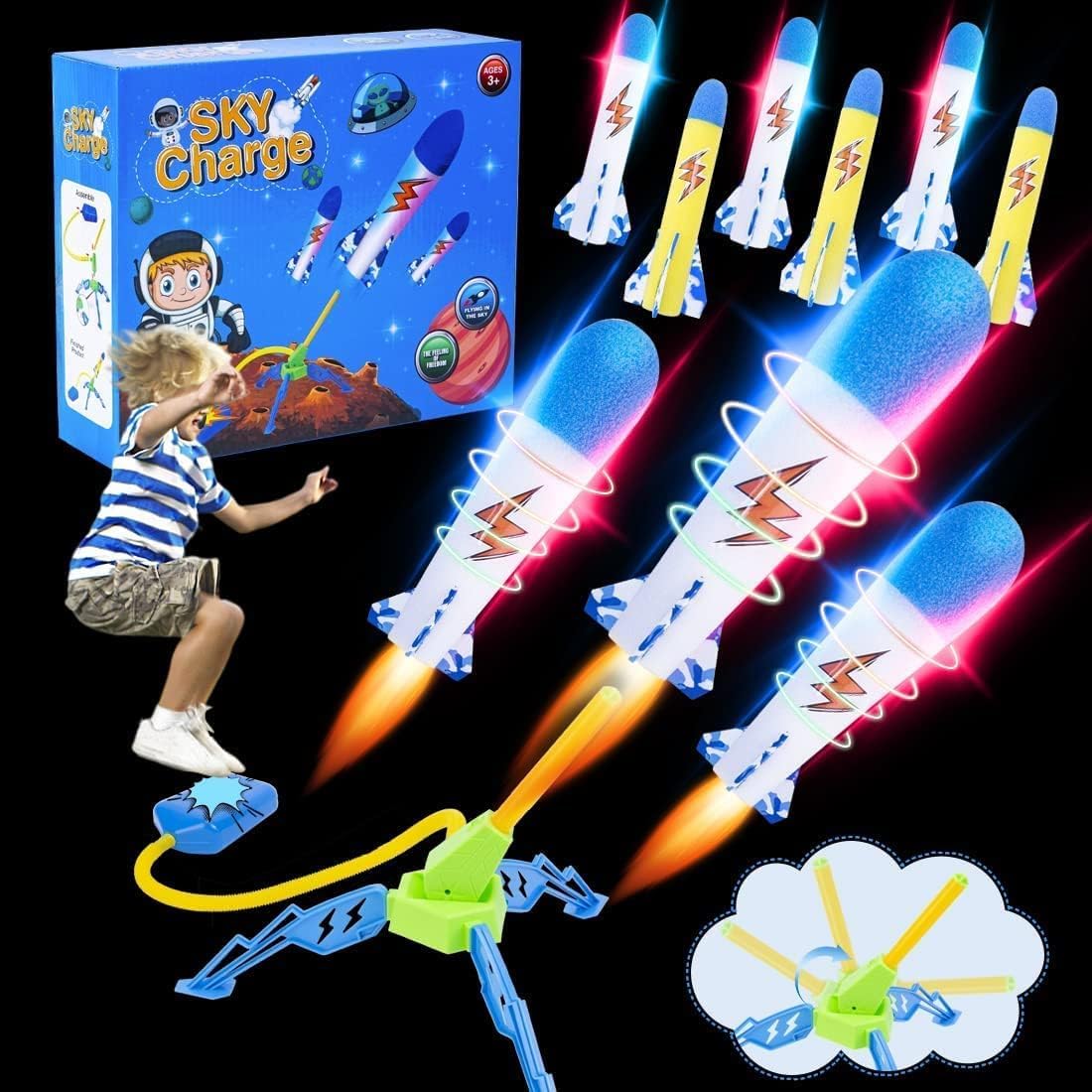 Stomp Foam Toy Rocket Launcher For Kids,Jump Rocket With 3 Led Rockets And 3 Foam Rockets,Fun Outdoor Toy For Garden Games Gifts For Ages 3 12 Years Boys Girls