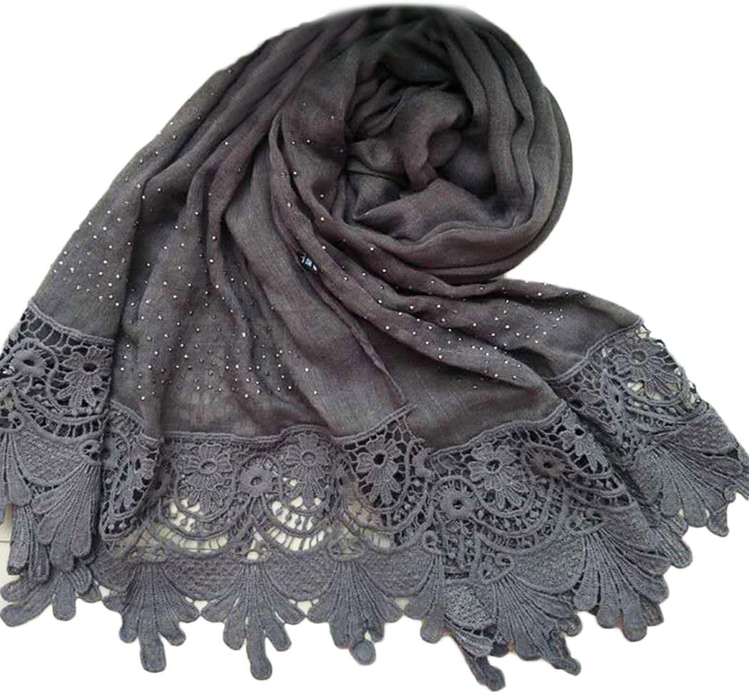 Women Long Scarf Lady Cotton Headscarf Lace Warp Shawl Grey