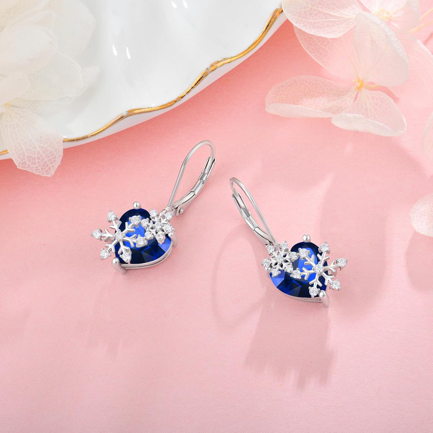 Snowflake Earrings for Women 925 Sterling Silver Heart Birthstone(White/Aquamarine/Sapphire/Pink) Leverback Earrings Cubic Zirconia Dangle Drop Earrings Winter Christmas Jewelry - Image 2