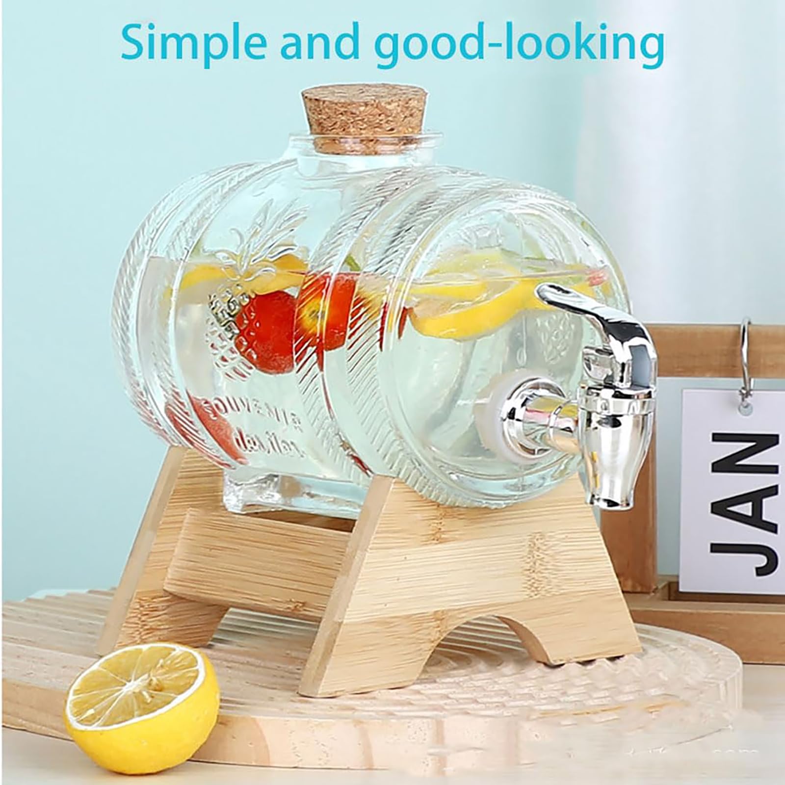 Dispensador de bebidas de vidrio con espiga y soporte de madera, 1L/3L/5L para un fácil llenado, dispensador de bebidas ideal para fiestas y uso diario, diseño de boca ancha