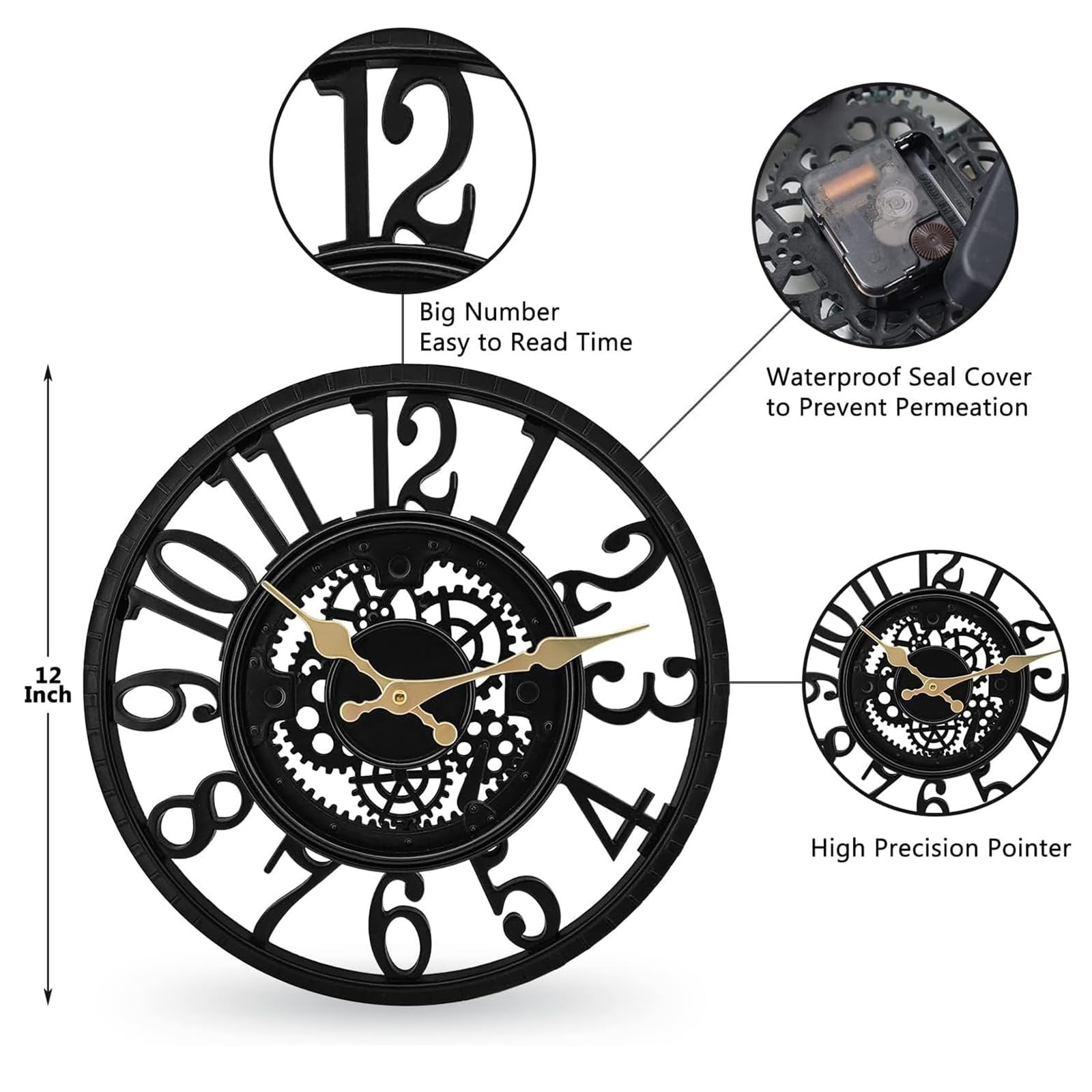 Laiton,Horloge Murale extérieure de 12 Pouces étanche, silencieuse sans tic-tac Horloge extérieure, Horloge de décor pour Patio, Piscine, Jardin, clôture, Porche, décor de Ferme