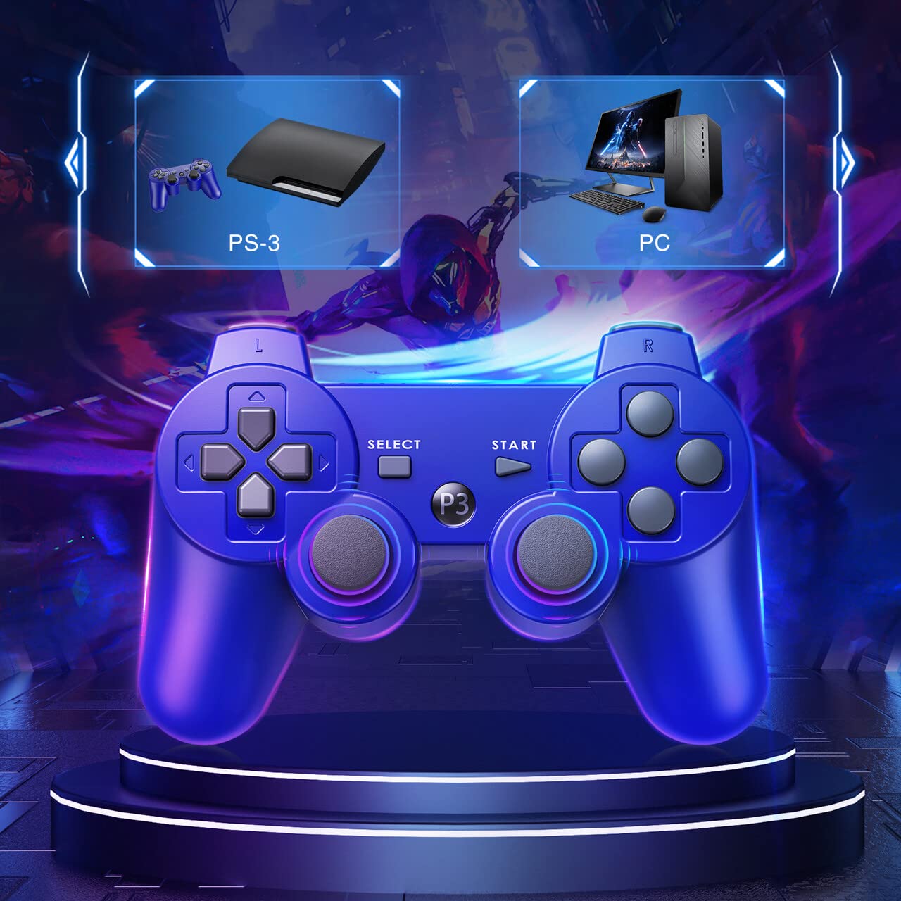 Powerextra PS-3 Wireless Controller for Play-Station 3 with High Performance Upgraded Joystick Rechargeable Battery Double Shock for PS-3 (Blue) : Video Games