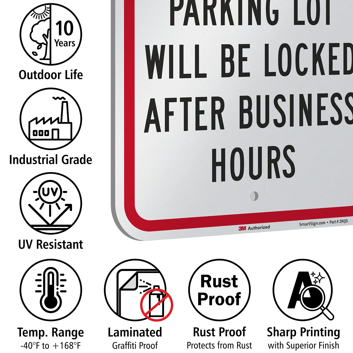 SmartSign 18 x 12 inch “Private Property - Parking Lot Will Be Locked After Business Hours” Metal Sign, 63 mil Aluminum, 3M Laminated Engineer Grade Reflective Material, Red, Black and White, USA-Made