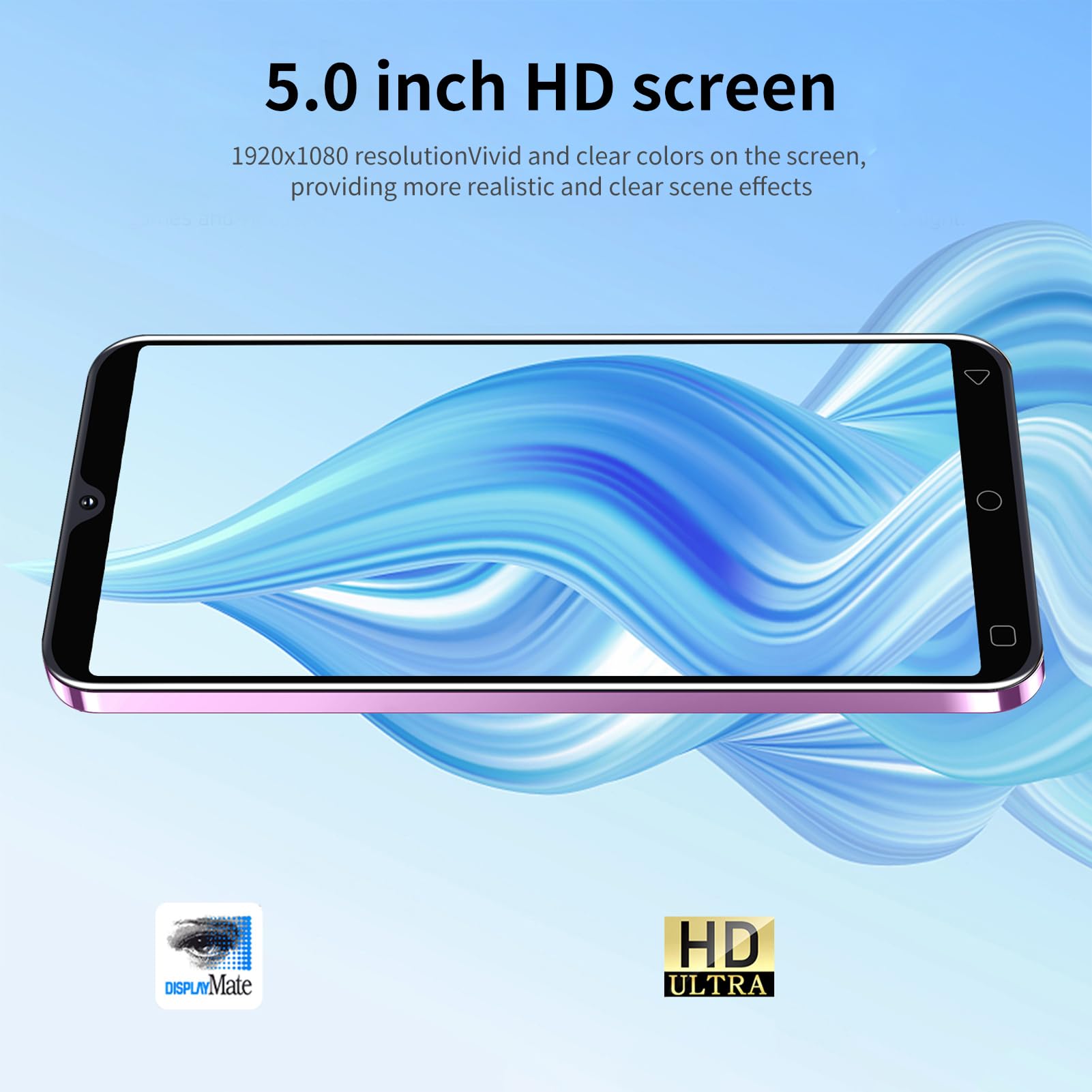 Odblokuj Smartfon, 2 GB RAM 16 GB ROM, 5,0-calowy Ekran HD, Rozpoznawanie Twarzy,6, Dual SIM Dual Standby, Aparat 2 MP + 5 MP, WIFI, BT 5.0, Telefon Komórkowy 3G (Fioletowy)