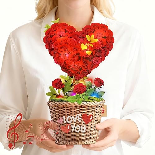 MZD8391 Birthday Card with MUSIC & LIGHTS, 3D Pop Up Anniversary Card & Wedding Cards, Love Tree Hearts, 10 Inch Life Sized Forever Bouquet Birthday Gift for Women Her Wife Mom