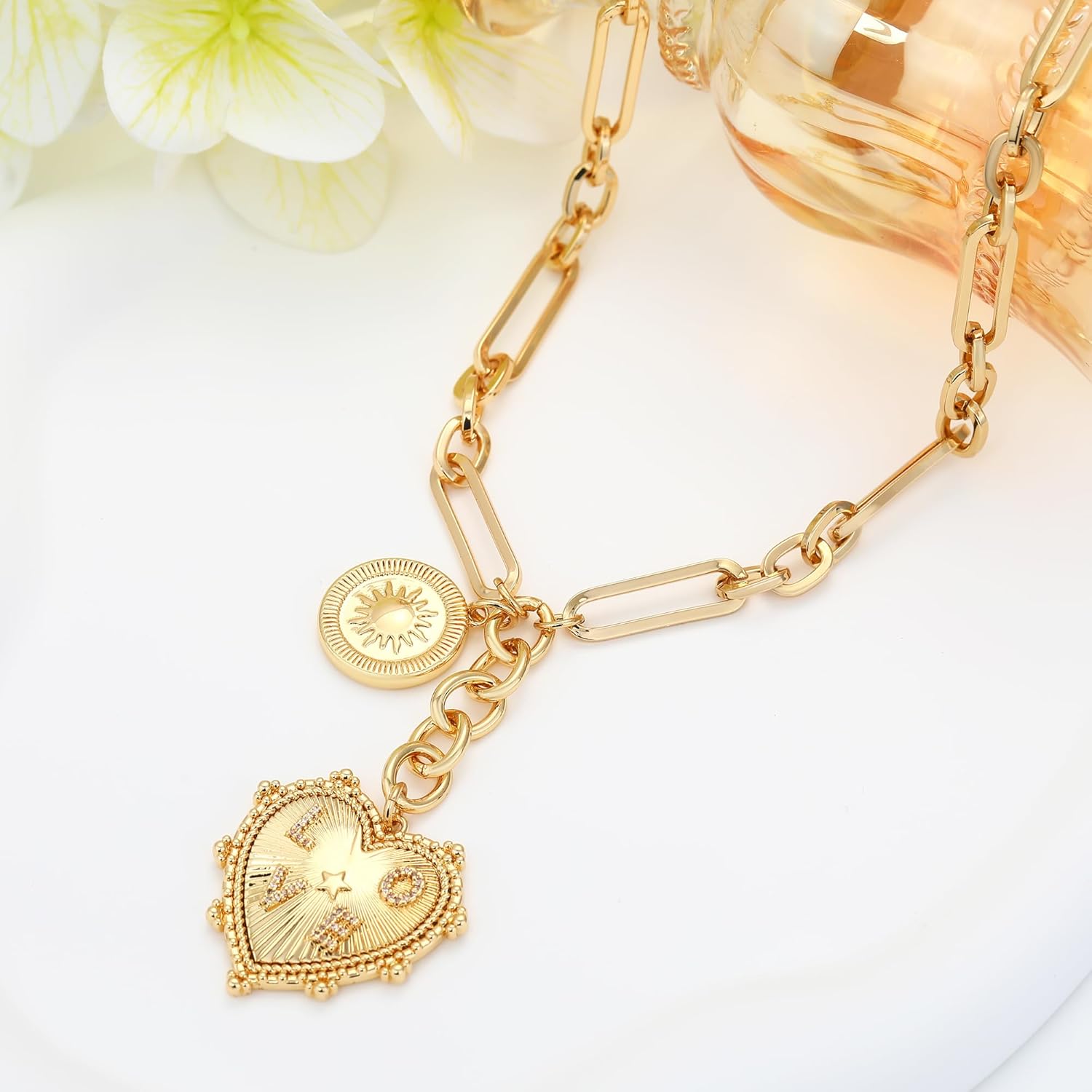 MISS RIGHT Gold Love Heart Sun Charm Chunky Paperclip Chain for Women Trendy 18K Gold Plated Coin Sunflower Pendant Choker Necklace Hip Hop Jewelry Gifts for Her - Image 5