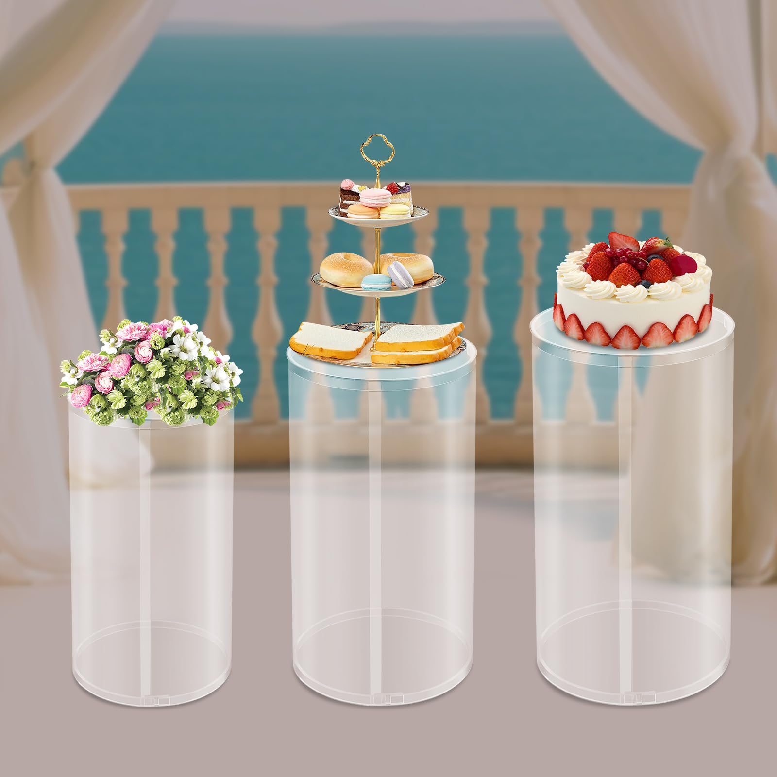 3 soportes cilíndricos redondos para flores, velas, tartas de postre, soporte para columnas de mesa para bodas, fiestas, 60 x 33 cm, 55 x 30 cm, 50 x 26 cm, hasta 33 kg (transparente)