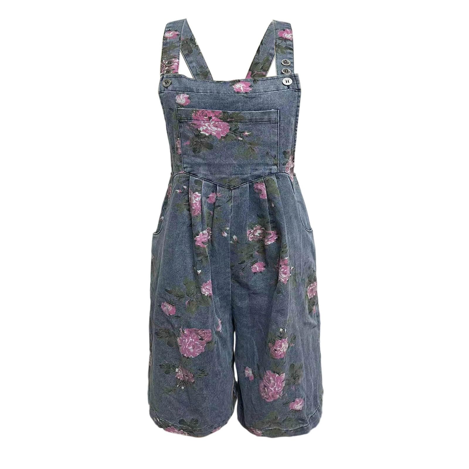 Mono de mezclilla floral para mujer para capas inspiradas en ropa urbana, estampado floral azul, ajuste relajado, acabado de costuras de contraste, estilo de bolsillo y dobladillo sin rematar