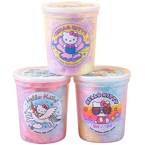 Hello Kitty Cotton Candy (juego de regalo de 3) Arco iris ácido, unicornio, pelusa de sirena, ideas únicas para vacaciones, cumpleaños, regalos de
