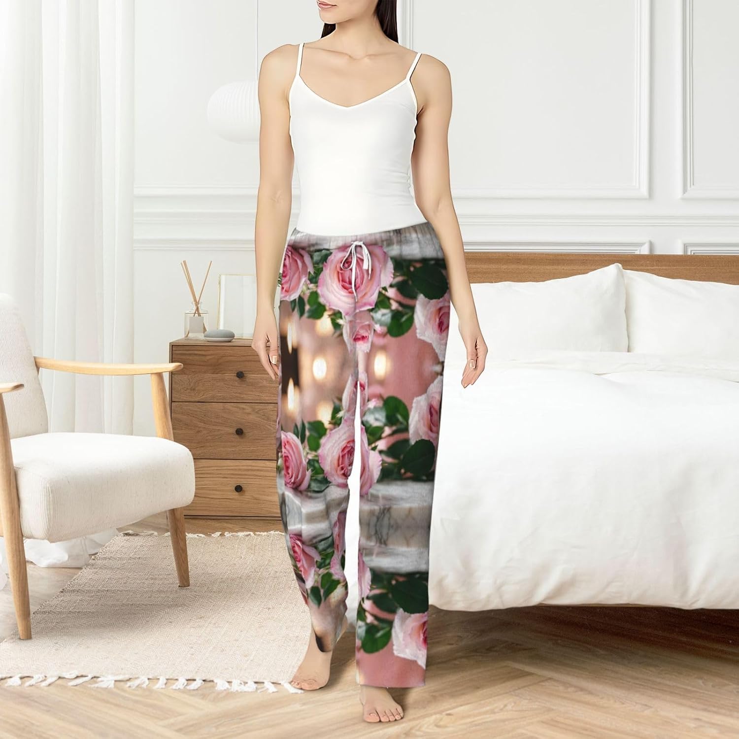 Red Rose Print Cozy Flannel Pajama Pants For Women,Warm Christmas Pj Pants,Cute Fleece Pajamas