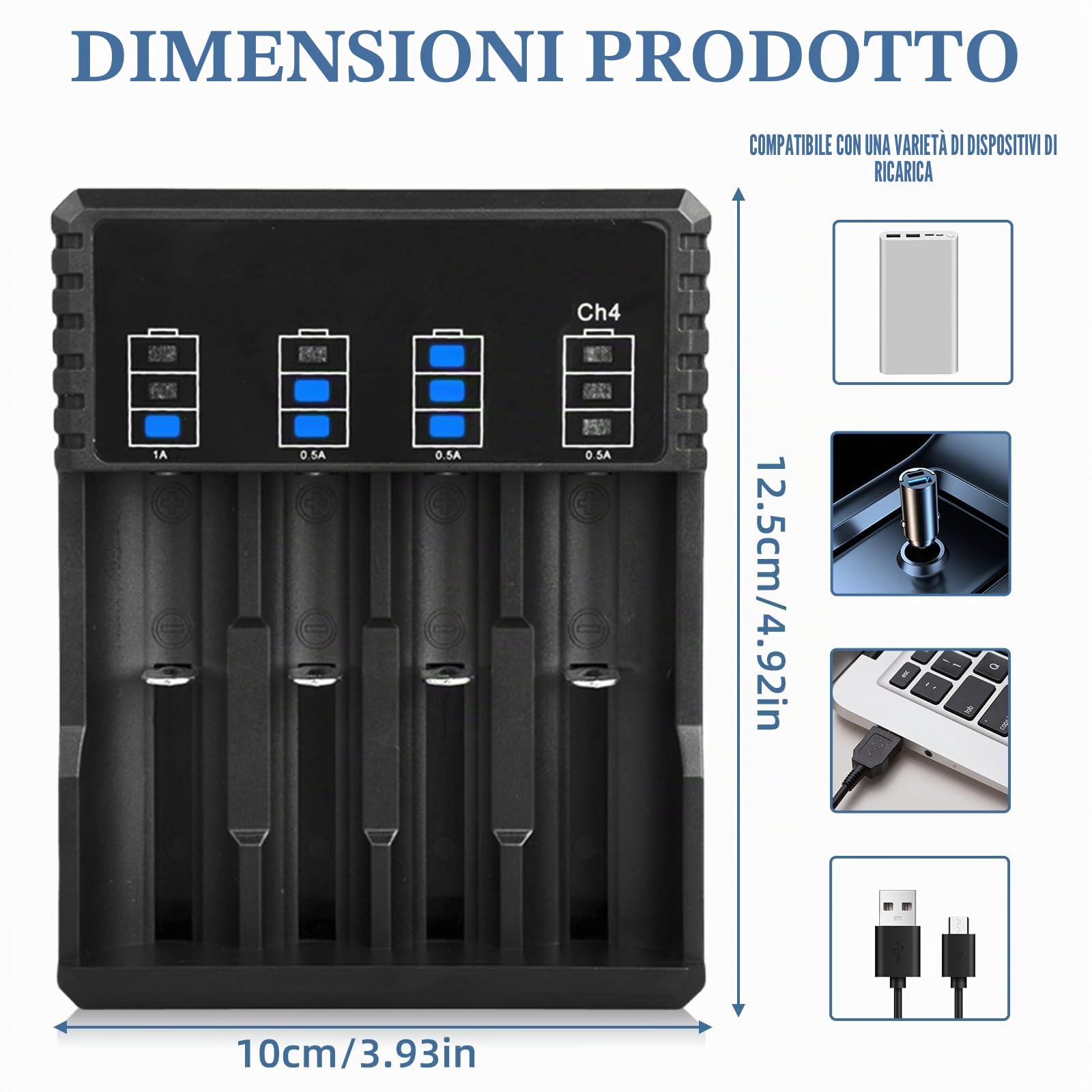 Caricabatterie universale 18650, a 4 scomparti, con indicatore LED, caricatore universale per batterie USB veloce per batterie agli ioni di litio 18650 18350 21700 16340 26650 AA AAA C 3,7 V