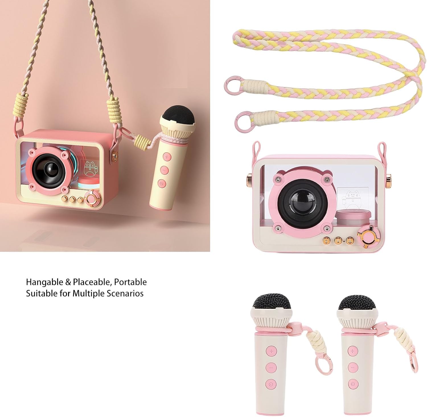 Karaoke Machine, 2 Wireless Microphones Portable Bluetooth 5.3 Karaoke Speaker 3-8 Hours 650Mah Battery Portable Bluetooth Machine with Buckle for Girls Boys Home Party (Pink)