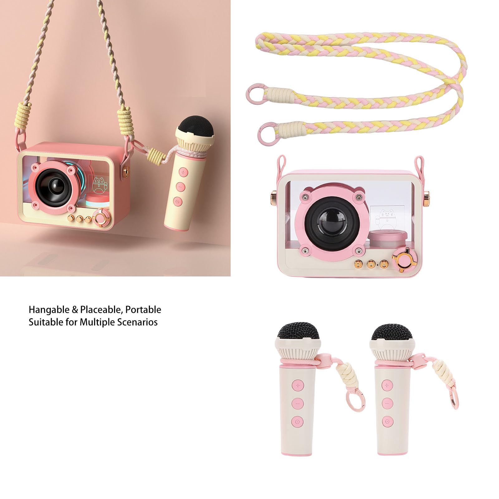 CHICIRIS Attrezzatura portatile per karaoke, microfoni senza fili, altoparlante da 10 W con LED per feste a casa e viaggi all'aperto per bambini (PINK)