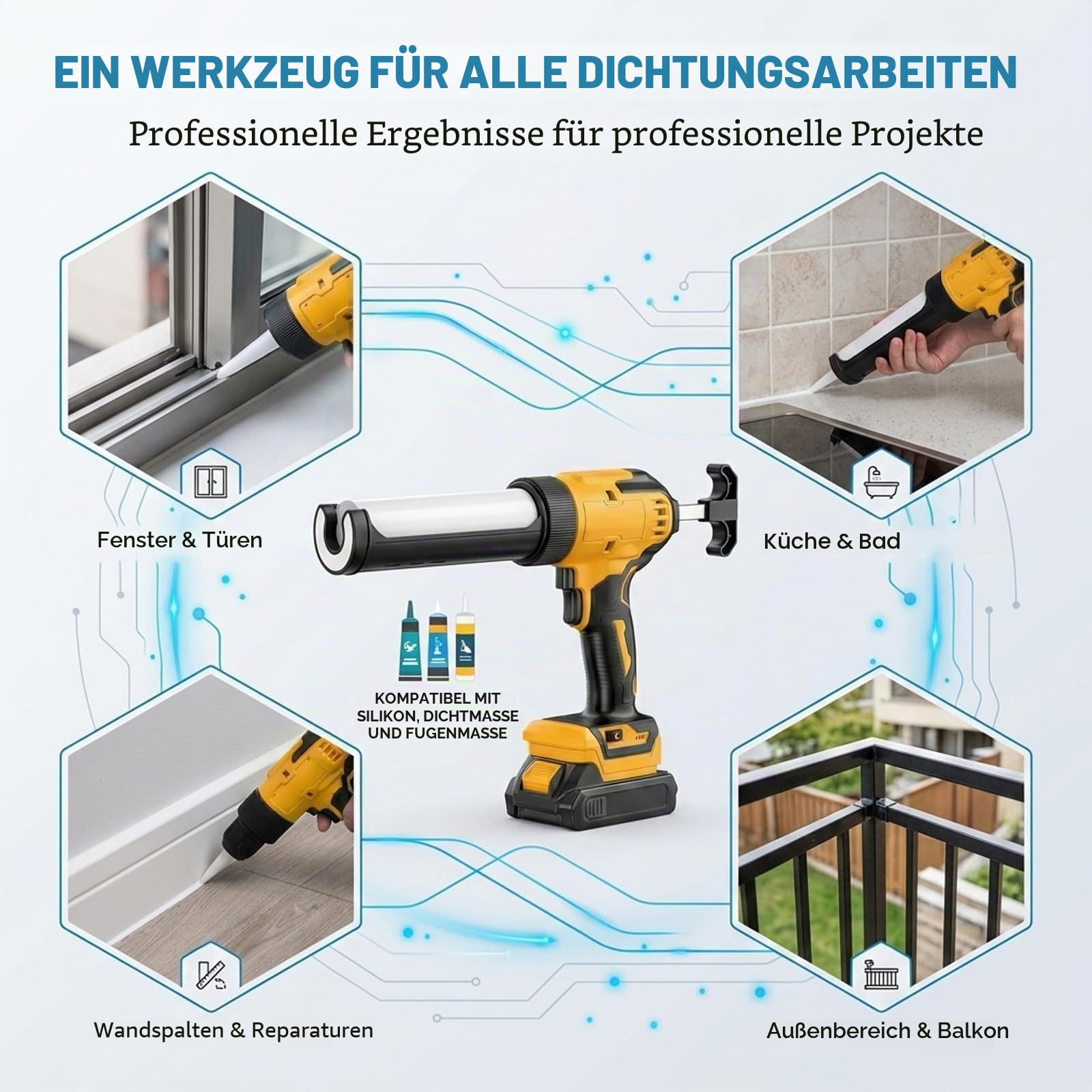 Akku Kartuschenpresse Kompatibel mit Dewalt Akku 18-20V - Elektrische Kartuschenpistole mit LED-Licht, 6 einstellbare Geschwindigkeitsstufen, für 300ml Heißklebestifte (Ohne Akku)