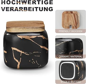 Sugar Pot Set, 3 Pcs Seasoning Container with Lid, 360ml/12oz Spice ceramic Jars, Salt Container (Black) | In marble look, suitable for coffee table and kitchen decoration, sugar container gift set