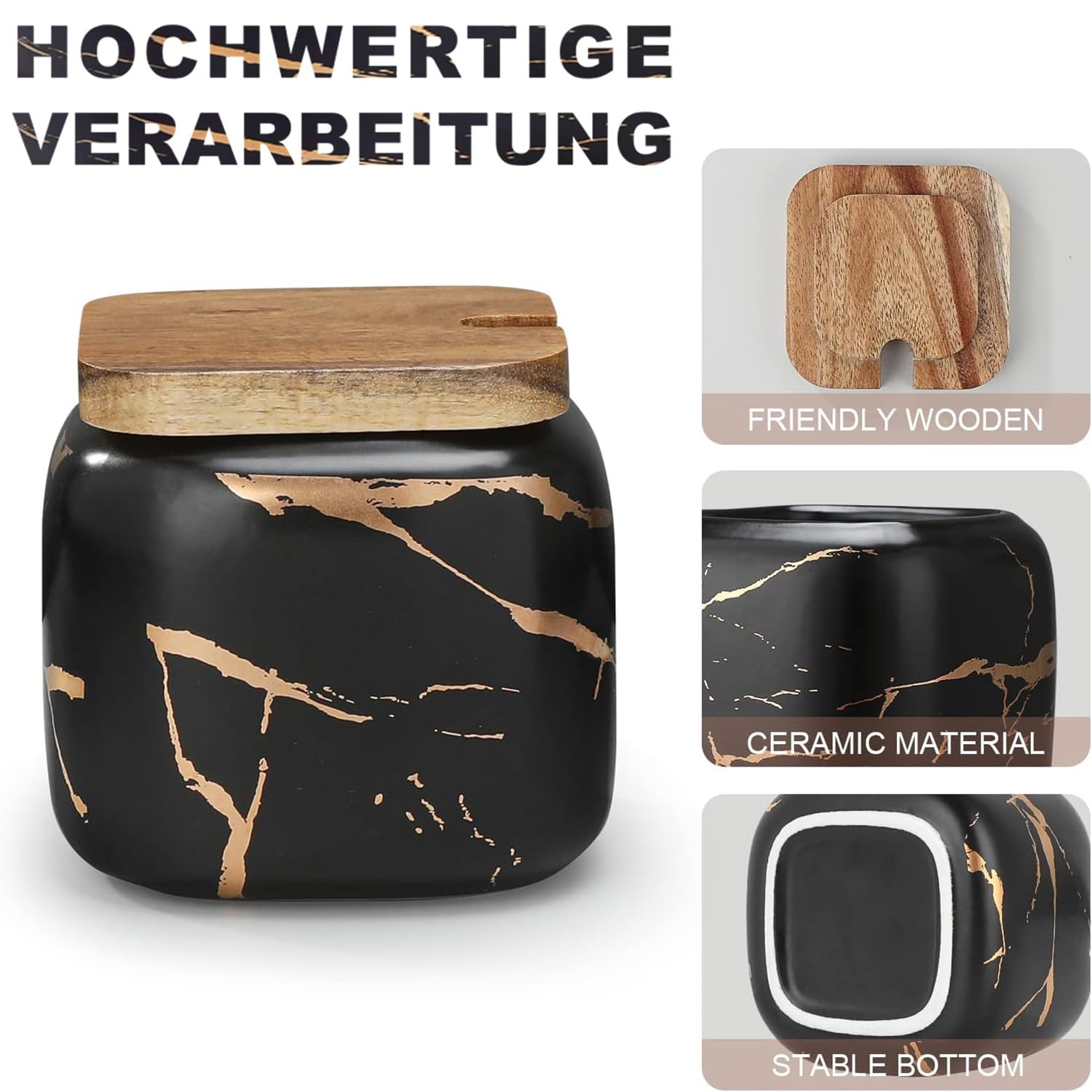 TELANKS Set Zuccheriera in Ceramica, 3 pz Condimento Box con Coperchio e Cucchiaio e Vassoio, Spezia Jar Cucina Scatola Barattolo di Spezie, Utensili da Cucina Forniture per Spezie, Nero